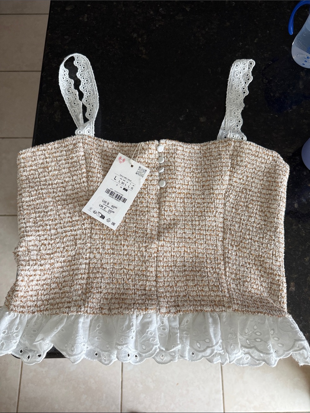 Zara Beige Crochet-Style Crop Top with White Eyelet Trim